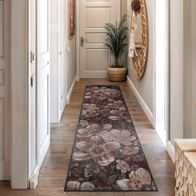 Botanical Bloom Terracotta Red Machine Washable Polyester Non-Slip Backing Area Rug