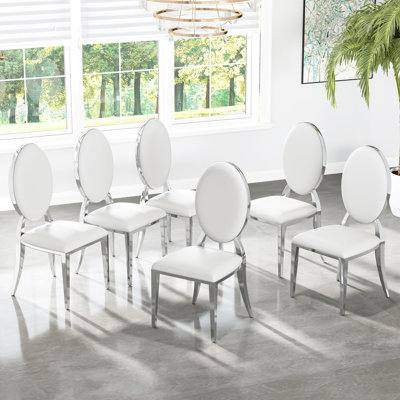 Modern Dining Chair Set, Oval Backrest Faux Leather Upholstery And Polished Stainless Steel Legs