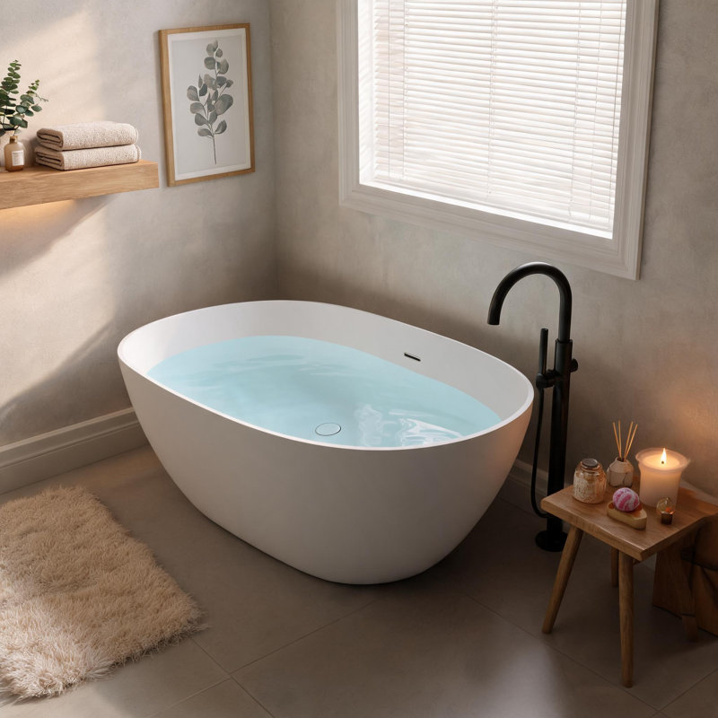 Baignoire de trempage autoportante de 61 pouces à surface solide blanc mat avec trop-plein et bonde escamotable