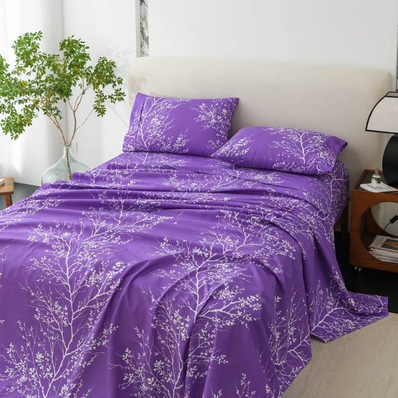 Ensemble de draps en microfibre Foliage, Ensemble de draps pour lit simple avec un drap-hou, Mauve/Ivoire
