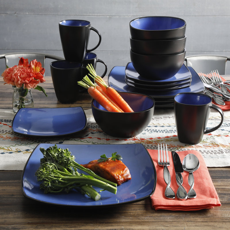 Blue and Black Square Porcelain Dinnerware Set, Service for 4