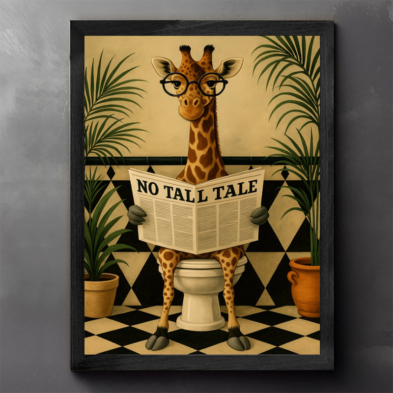 Reproduction encadrée noire de girafe rétro lisant des journaux sur la toilette de la salle de bain, H 25 po x l 17 po