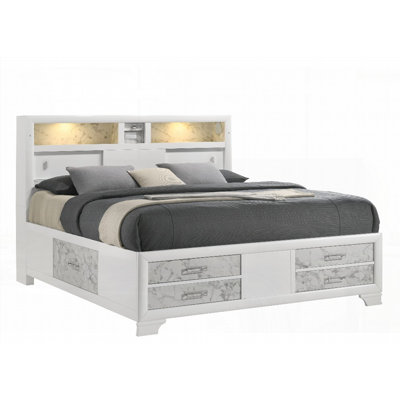 Structure de grand lit Soul avec tiroirs de pied de lit et tablettes de tête de lit en bois blanc (aucun sommier requis, robuste et durable)