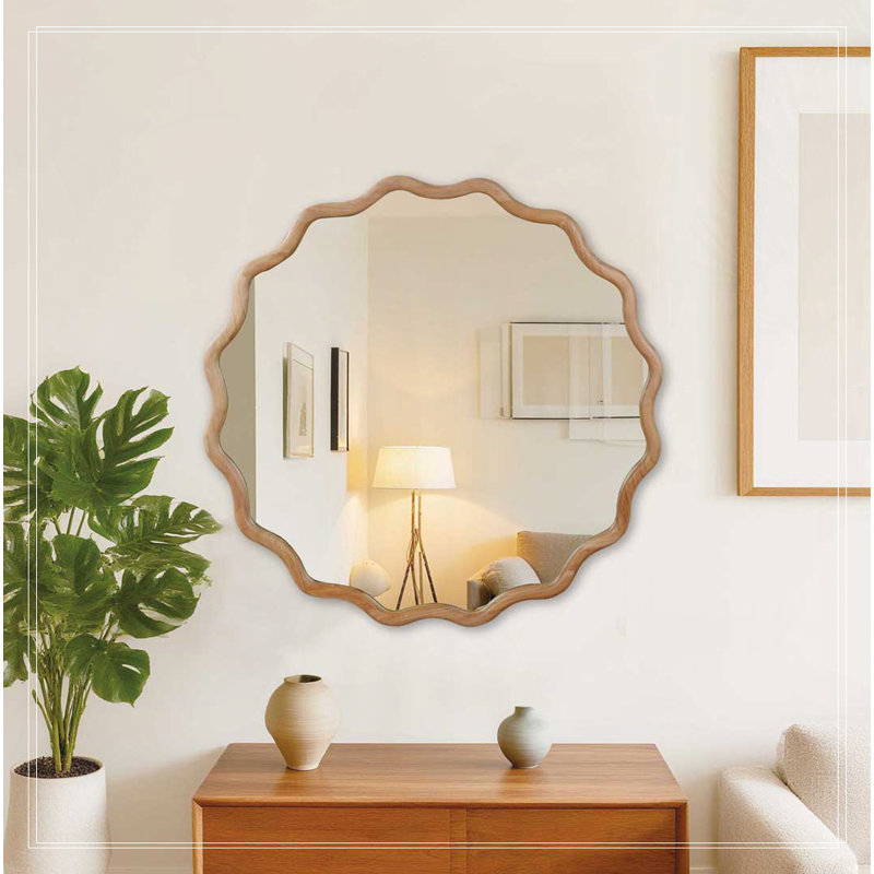 Wavy Round Solid Wood Frame Decorative Mirror,For Bedroom, Bathroom, Living Room, Entryway, 36" x 36", Natural Wood