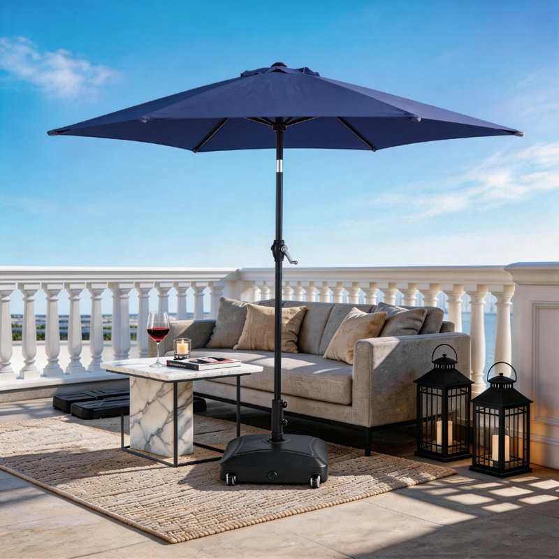 7,5 pi Parasol de marché en polyester avec inclinaison et manivelle bleu marine, Bleu
