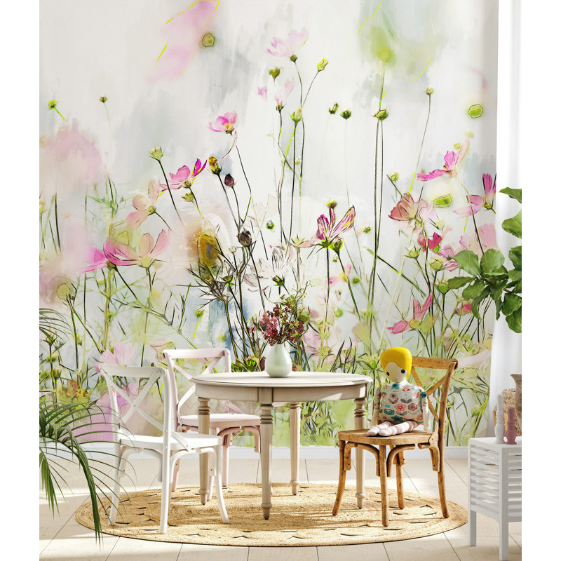 Papier peint rose avec aquarelle, L 106 po x l 187 po