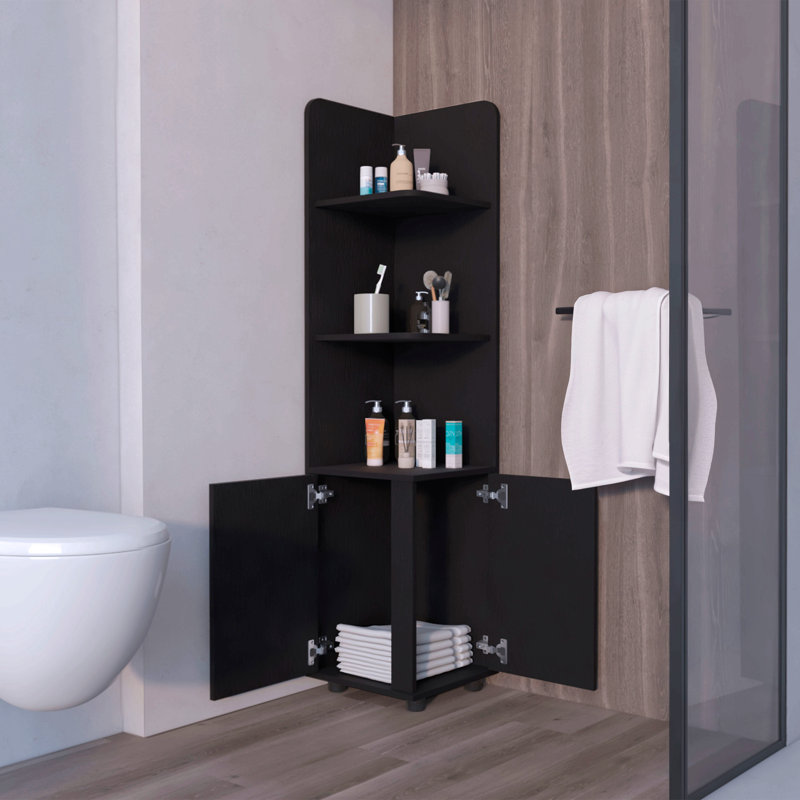 Corner Shelf With Cabinet, 3-Tier Shelf, Metal Handles