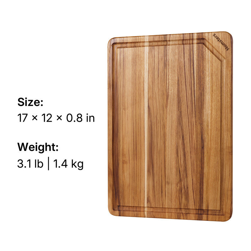 Planche à découper en bois de teck de 43 cm (17 pouces) pour la cuisine, antidérapante, idéale pour la charcuterie.