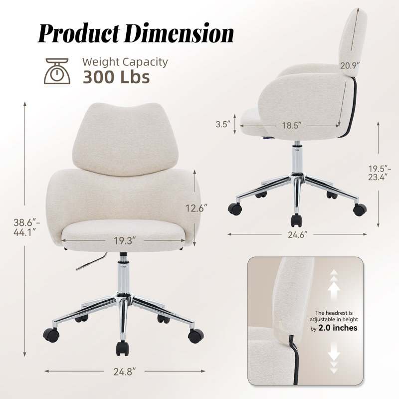 Chaise de bureau rembourrée moderne avec appui-tête réglable, chaise de bureau pivotante pour bureau à domicile, Beige