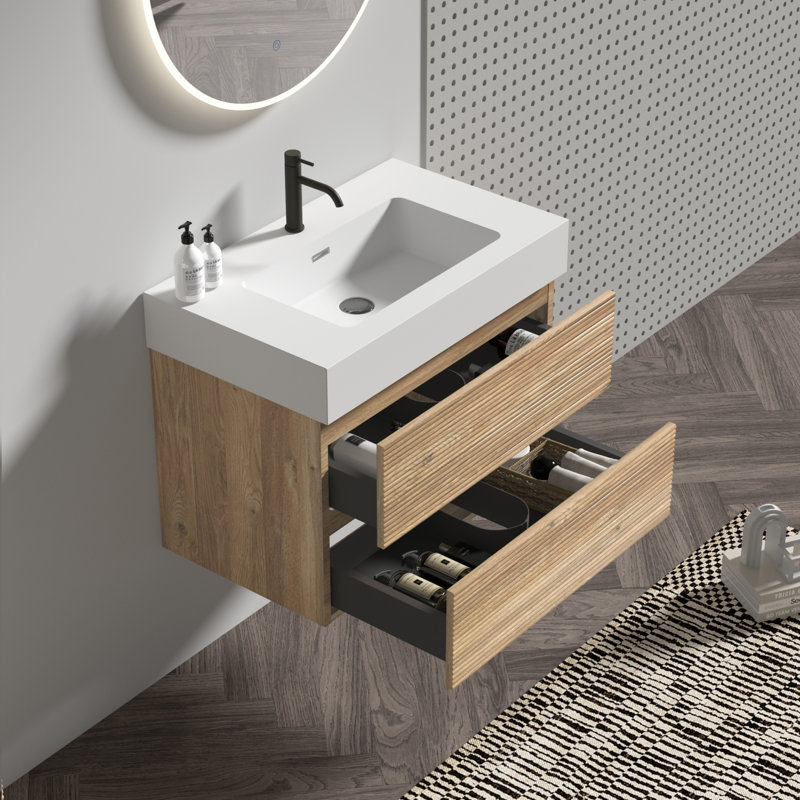 Meuble-lavabo mural avec lavabo à quartz et tiroirs à fermeture en douceur