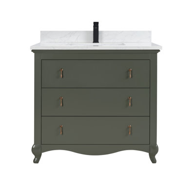 36" Solid Wood Bathroom Vanity with 1" Engineered Marble Top, Single Sink