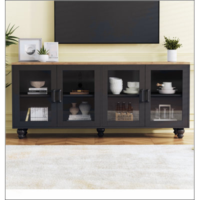 Farmhouse TV Stand with Tempered Glass Doors for TVs Up to 70 Inches, Versatile Sideboard with Adjustable Shelves and Elegant Buffet Cabinet for Living Room, Black