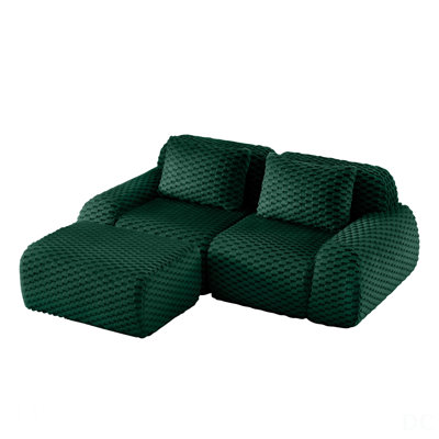 82 Inch Modern L-Shaped Modular Sectional Sofa, Flannelette Fabric, Oversized 2-Seater, Deep Seat, Movable Ottoman, Buckle Connection, Anti-Slip Design, No Assembly, Green