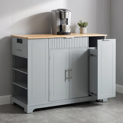 49 Inch Grey Blue Fluted Rolling Kitchen Island with Trash Bin Cabinet and Power Outlet