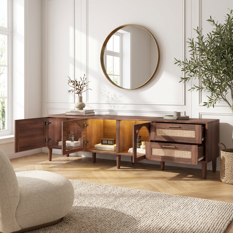 Modern Media Console with App-Controlled LED Lighting and Rattan Accent Doors