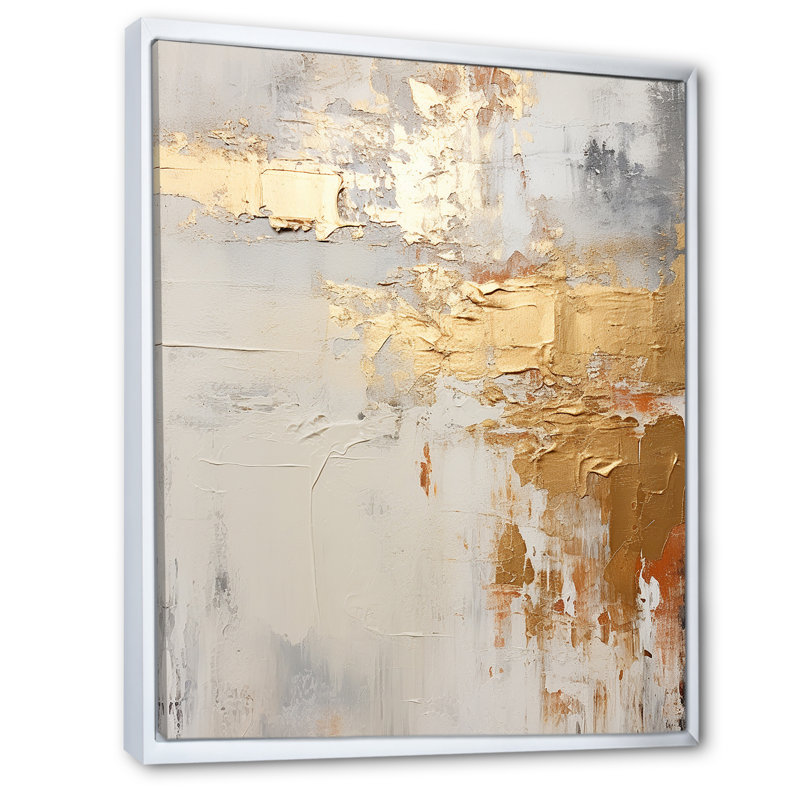 «Modern Coastal Beige And Gold River», impressions sur toile de collages abstraits, Cadre flottant blanc, 32" H x 24" W