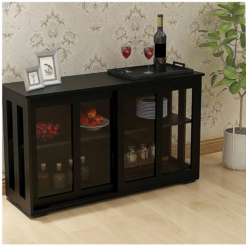 Kitchen Storage Stand Cupboard With Glass Door-Black, Black
