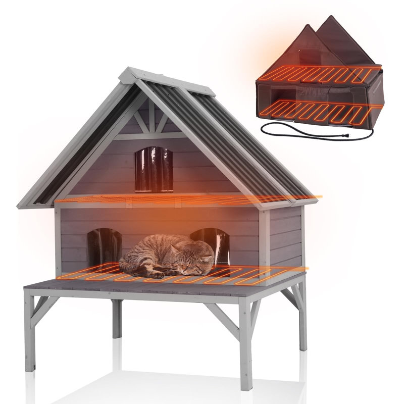 Abri pour chat extérieur chauffé avec abri pour chat chauffé, doublure isotherme polyvalente et isolant, câble à croquer pour 1 à 4 chats
