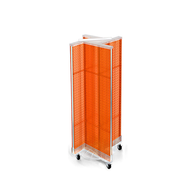 Présentoir de plancher en pin sur une base à roulettes. Taille du panneau: l 13,5 po x H 44 po, Orange