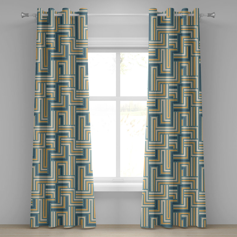 George Oliver Geometric Grommet Curtain Retro Maze Rectangles Art 50" x 108" Champagne and Mustard, 50" W x 84" L