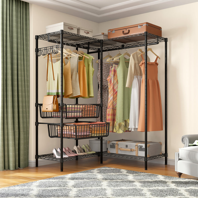 Black L-Shaped Metal Garment Rack with Slide Baskets and Shelves