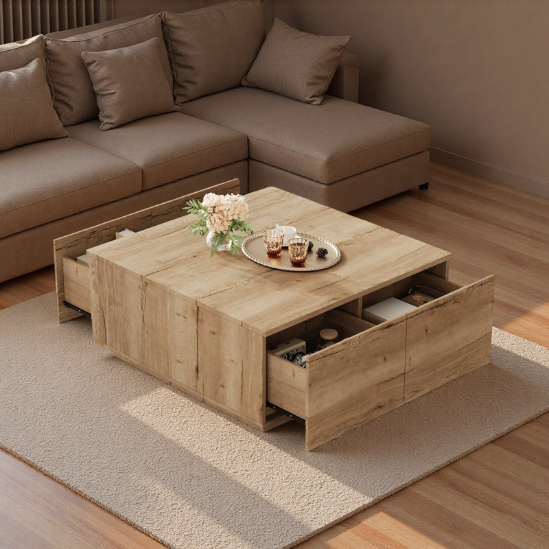 Table basse moderne carrée avec 4 tiroirs, Natural