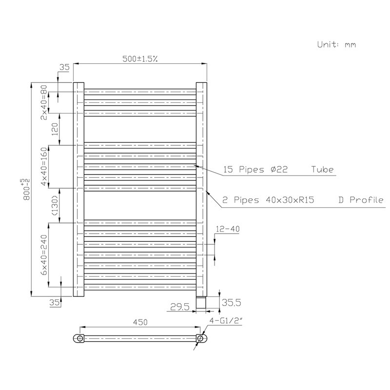 Straight Towel Rail Heated Towel Rails, 80 cm H x 50 cm W x 3 cm D, White