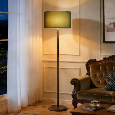 61 In. Nordic Solid Wood Floor Lamp with Linen Drum Shade, Walnut Finish, Foot Step Switch, E26 Socket, UL Certified, for Living Room, Bedroom and Study Room