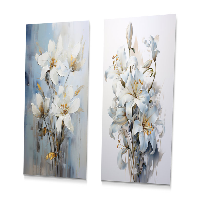 Lys blancs en fleurs - ensemble de 2 reproductions d'art en métal lys, H 28 po x l 24 po