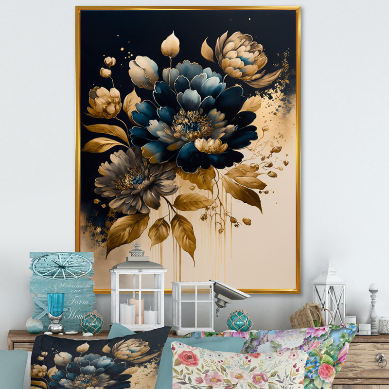 «Biston Blue and Gold Zinnia Flowers II», reproduction sur toile, H 32 po x l 16 po x P 1 po, Cadre flottant doré