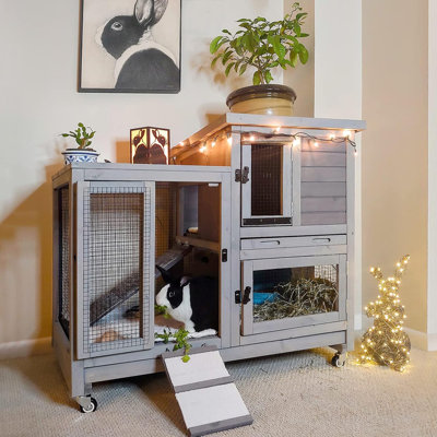 Cage de cobaye en bois pour lapins et petits animaux avec plateau (gris)