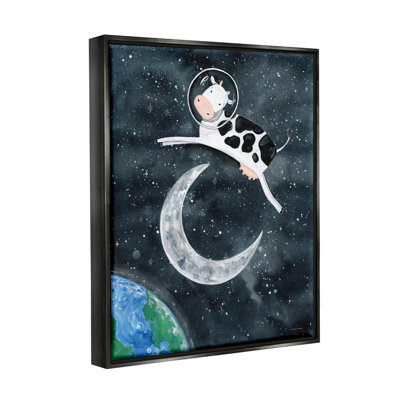 Vache astronaute sautant par-dessus la lune par Rachel Nieman - peinture sur toile à cadre flottant