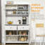 Buffet de cuisine 63,5 "avec huche, armoire de rangement garde-manger avec 4 tablettes, tiroirs, portes en verre encadrées, comptoir ouvert pour micro-ondes, blanc antique