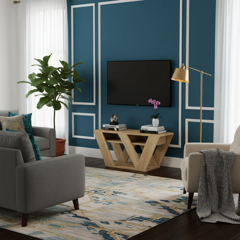 Meuble télé double V minimaliste pour téléviseur de 49 po ou moins, Brun clair