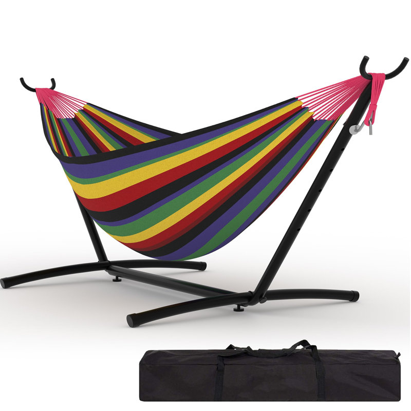 Double Outdoor Hammock with Stand, 204 KG Heavy Duty Portable Hammock with Soft Pillow & Padding, Foldable Hammock for Indoor, Patio, Backyard and Garden Use,Black Rainbow Stripes