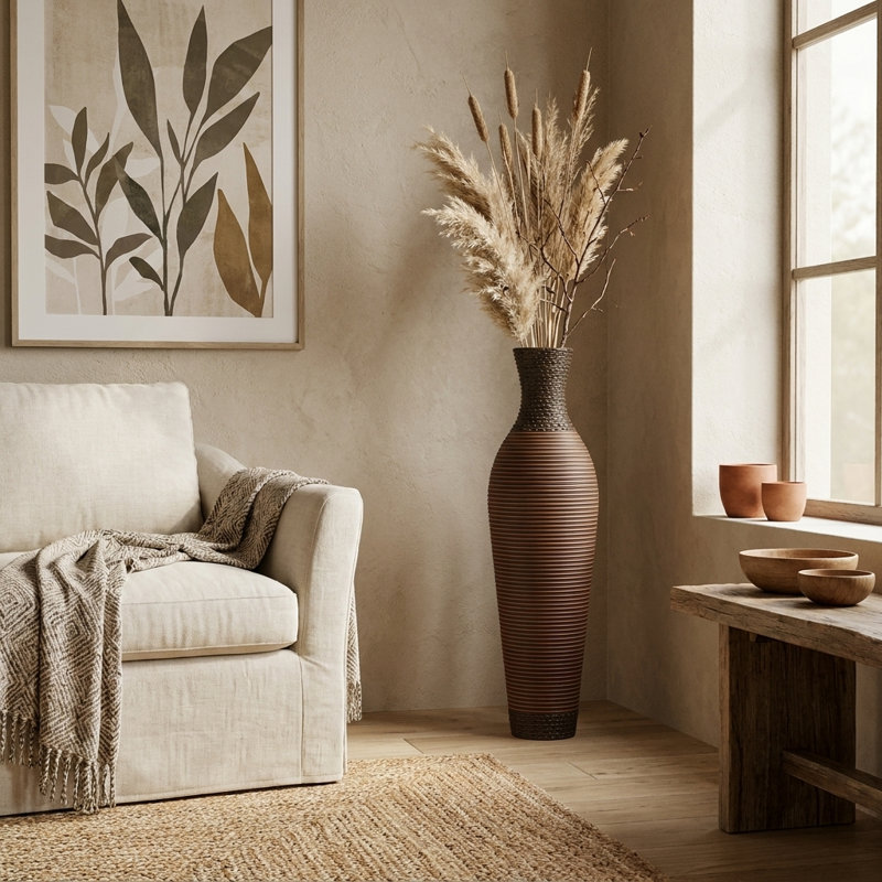Vase de sol en rotin en PVC tressé à la main – Vase décoratif en osier marron de 99 cm de haut, idéal pour une décoration rustique, champêtre ou bohème.