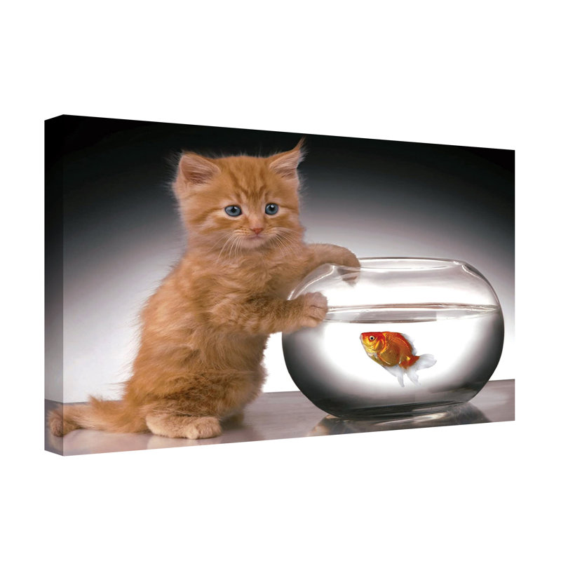 Cute Ginger Kitten And Goldfish In A Bowl - Wrapped Canvas Print
