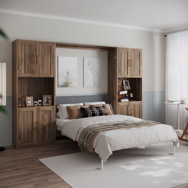 Queen Murphy Bed With Storage Cabinet And Open Shelves, Hidden Foldable Wall Cabinet Bed, Brown