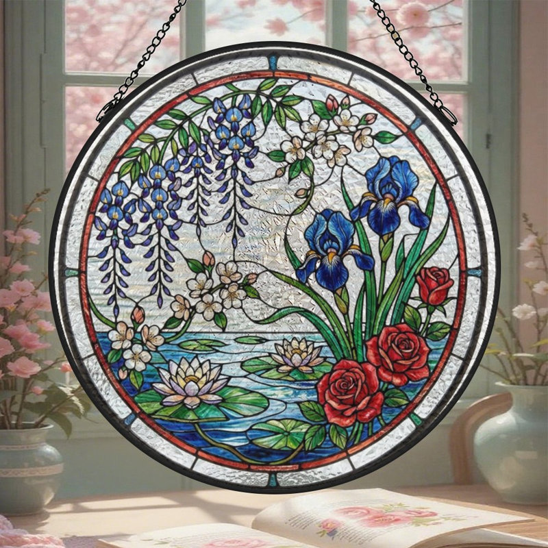 Vitrail floral (2) vitrail pour fenêtre, 9,8 x 9,8 po (25 x 25 cm)