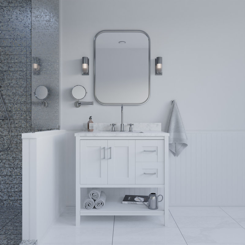 Meuble-lavabo 36 po avec plateau en marbre de Carrare et vasque en céramique Jeanina, Blanc