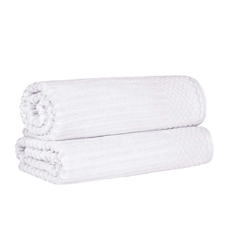 Ruvins Cotton Highly Absorbent Solid and Checkered Border Bath Sheet Set, White