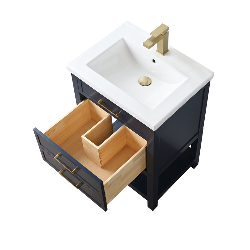 Meuble-lavabo simple 24 po avec comptoir en céramique Vicini, Bleu indigo / or brossé