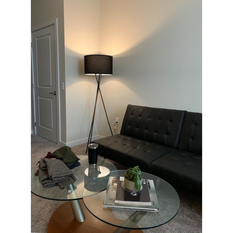 Black Tripod Floor Lamp with Fabric Shade and Faux Leather Accents