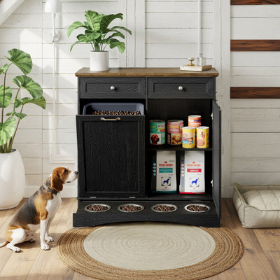 Armoire de rangement pour chien à deux portes de 39,7 po de largeur, station d'alimentation inclinable avec 4 bols et panneau réglable, armoire d'alimentation pour animaux