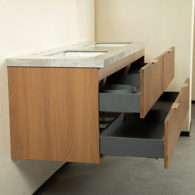 Meuble-lavabo mural 60 po avec lavabo double, comptoir en pierre frittée et 4 tiroirs, grain de bois espresso - pré-assemblé