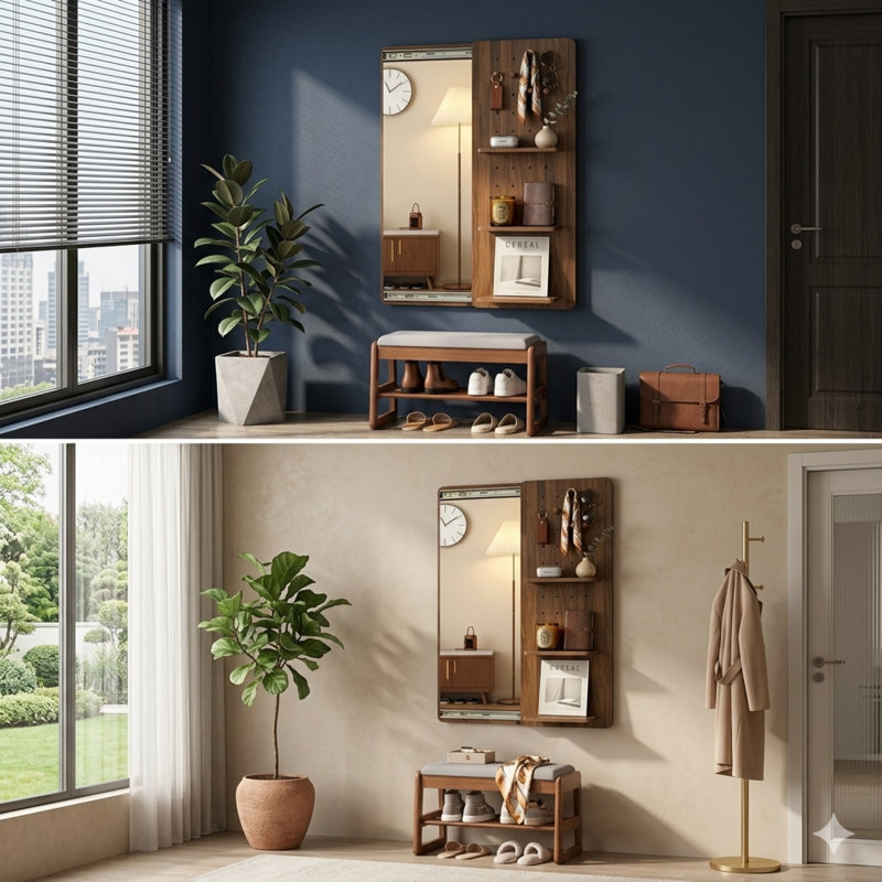 Wall Mounted Full Length Mirror With Hidden Storage And Sliding Pegboard