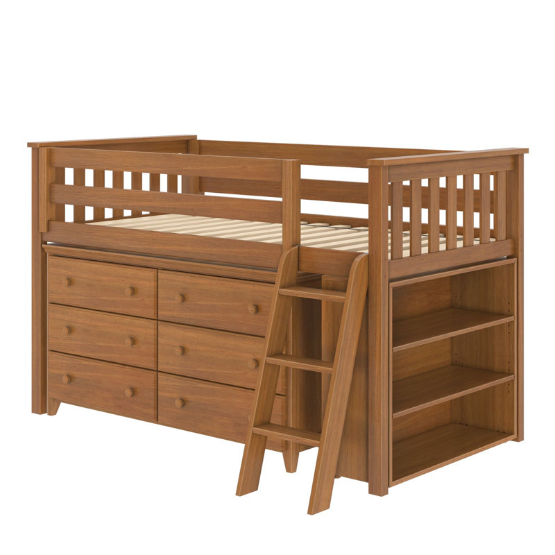 Kaiden Twin 6 Drawer Solid Wood Low Loft Bed with Bookcase with Shelves, Pecan