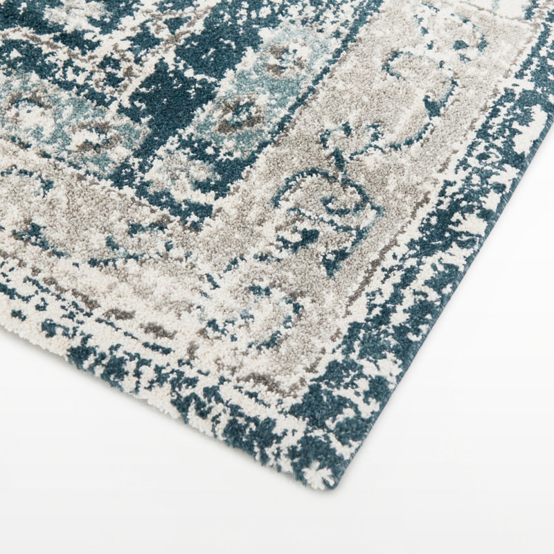 Tapis bleu délavé traditionnel Bastian, Rectangle 5 pi 3 po x 7 pi