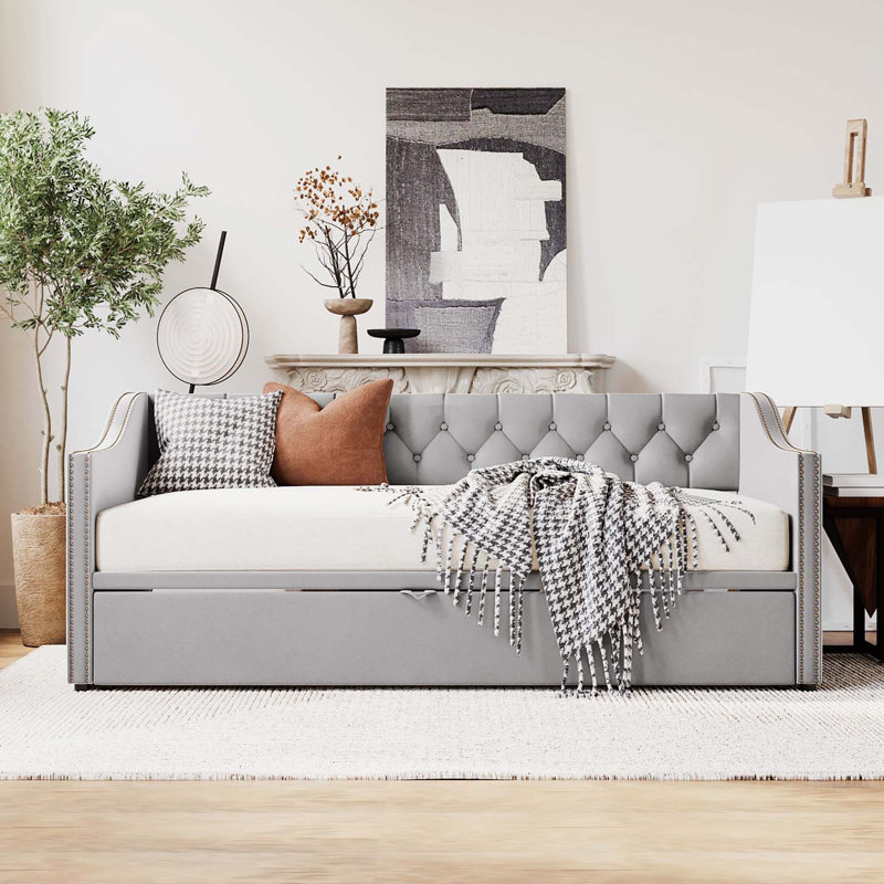 Twin Size Upholstered daybed with Pop Up Trundle, Gray, Gray