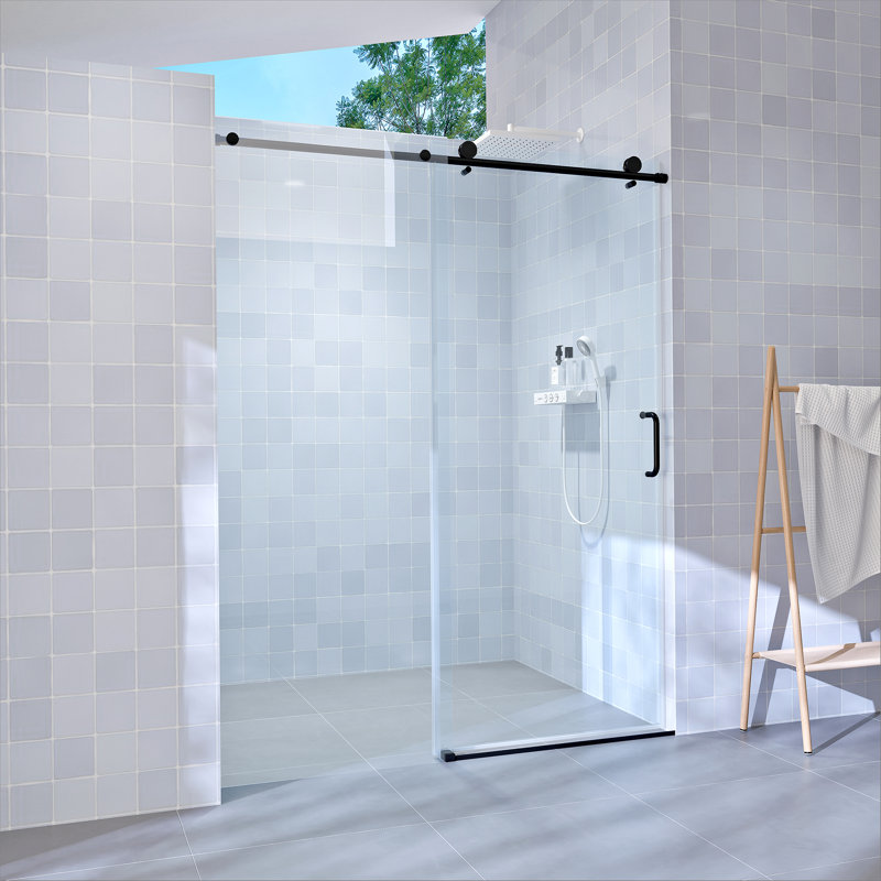 Porte de douche coulissante simple, porte coulissante sans cadre pour salle de bain, Noir mat